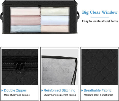 HomeHacks Storage 3-Pack Clothes Organizer Storage Bags Foldable Storage Box with Large Clear Window Sturdy Handles for Closet, Dorm, Pillows, Bedding, Clothes, Blankets, 35L, Black