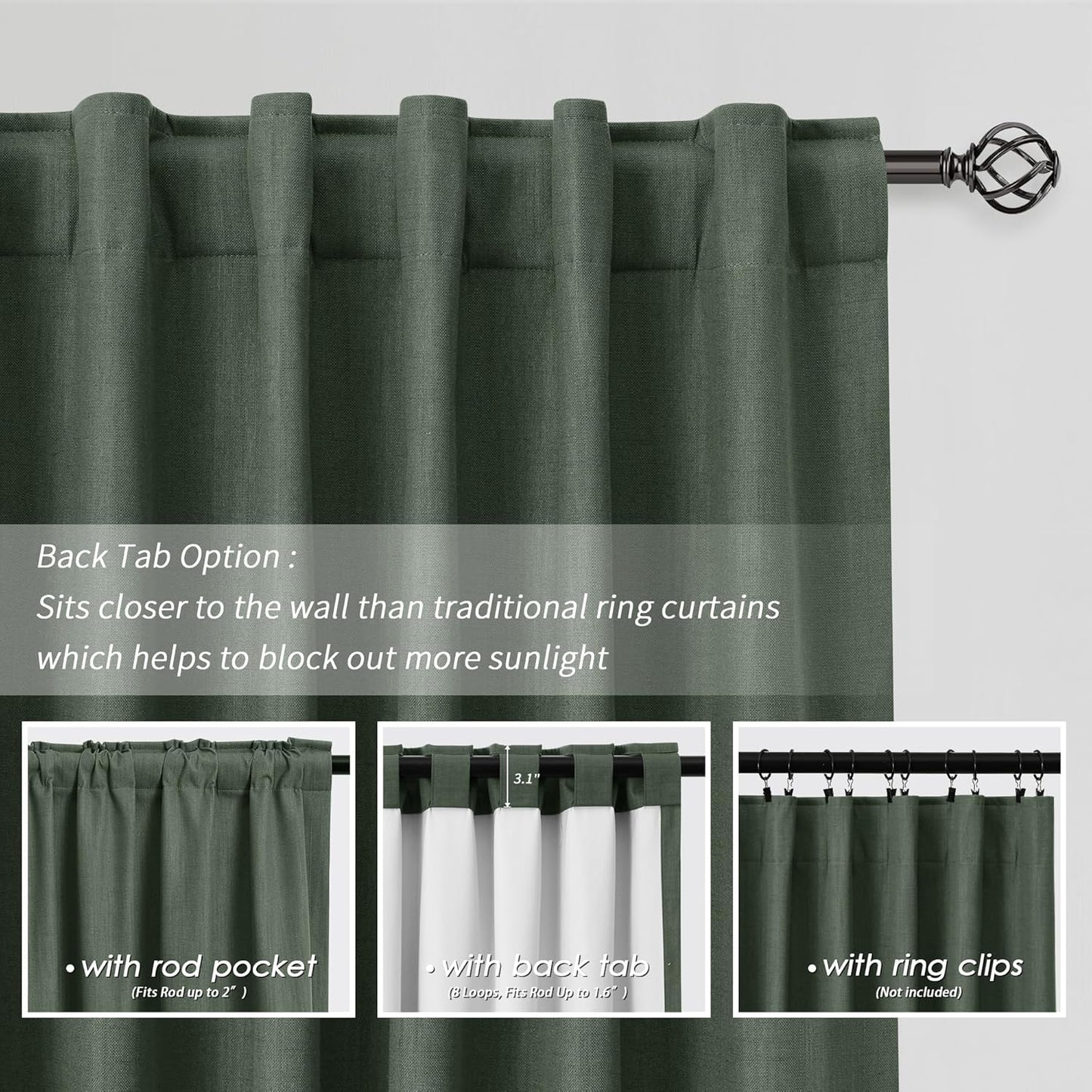 BOODII Linen Blackout Curtains for Bedroom 72 Inch Length 2 Panels Set Room Darkening Curtains Olive Green Black Out Curtain Elegant Thermal Insulated Living Room Window Drapes Back Tab Loden 52x72