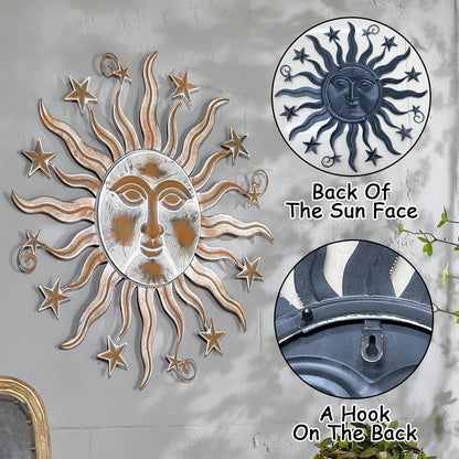 TICKCACY Metal Sun Wall Art Sculpture Decor, 23.8” Vintage Sun and Star Wall Hanging Decoration for Indoor Outdoor Living Room Farmhouse Yard Garden Patio