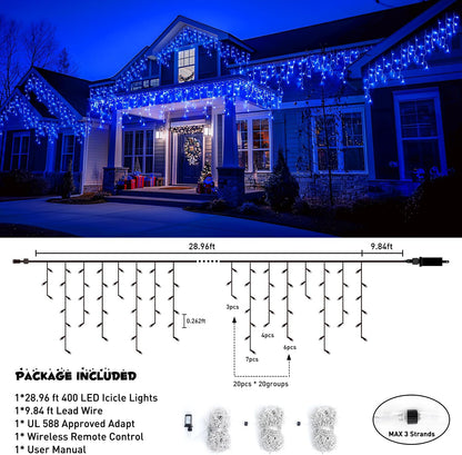 JMEXSUSS 400 LED Blue Icicle Lights for Outdise, 38.8 FT Christmas Icicle Lights Indoor Outdoor with 80 Drops, Blue Christmas Lights with Remote Plug in for House Fireplace Christmas Decorations