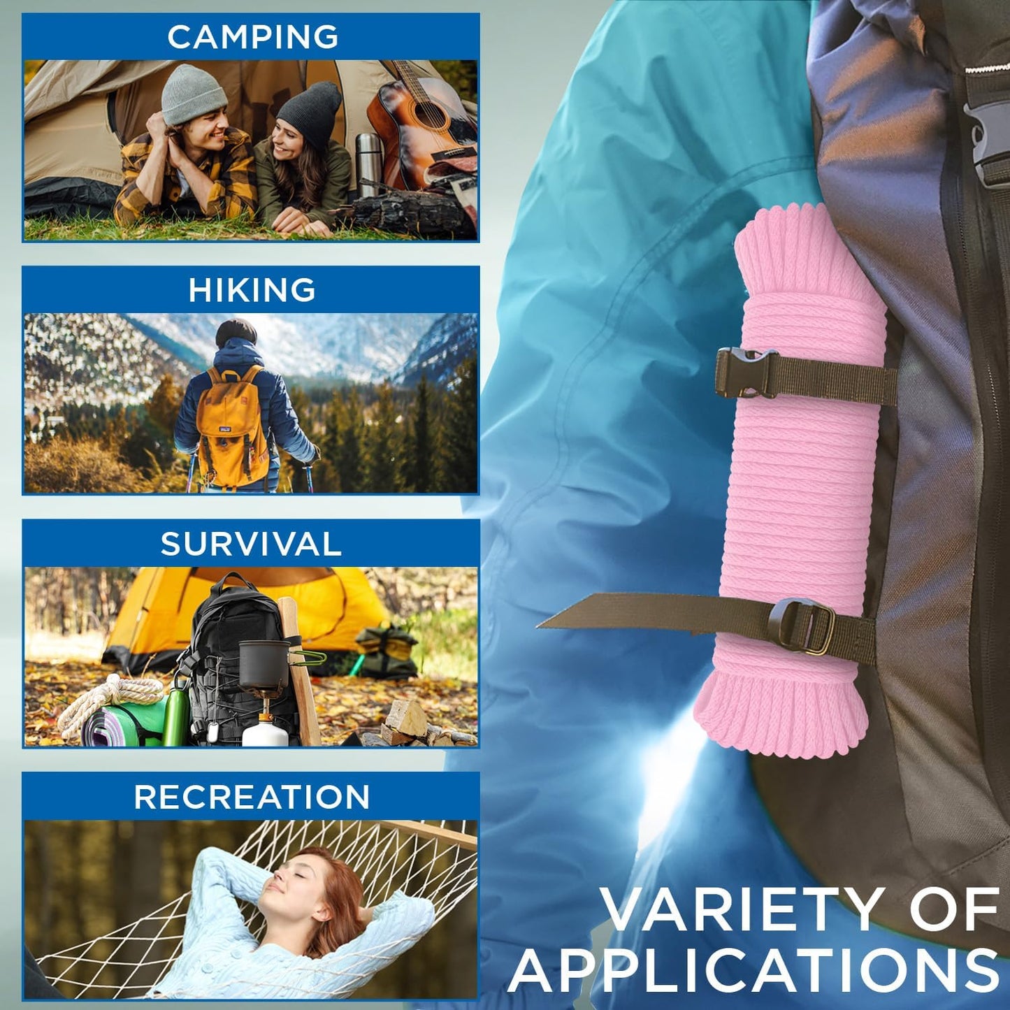 TECEUM Cotton Rope 3/16” (5 mm) – 50 FT – Strong All-Purpose Braided Rope – Natural Cotton – for Crafting, Сamping, Clothes Line, DIY, Indoor & Outdoor Use – Pink