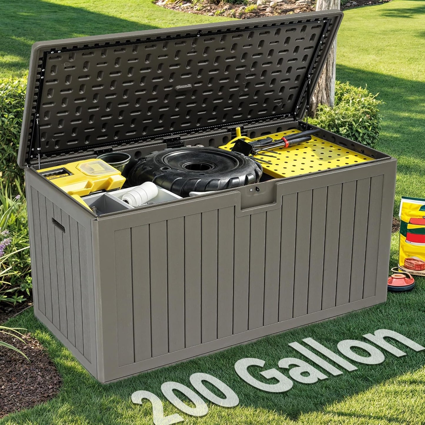 YITAHOME 200 Gallon Double-Wall Deck Box with Divider & Side Handles, Outdoor Large Storage for Patio Furniture Cushions, Garden Pool Accessories, Water Resistant & Lockable