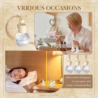 BBTO 50 Pcs Hanging Car Air Freshener Car Diffuser Bottles Empty Glass Perfume Bottle Freshener Diffuser Bottle Pendant for Essential Oil Fragrance Aromatherapy Bottle Ornament(Round Diamond)