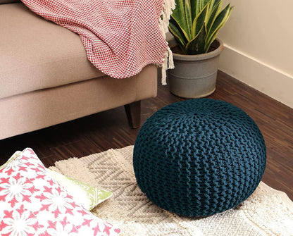 REDEARTH Round Pouf Bean Bag Ottoman - Foot Stool Hand Knitted - Home Decor Pouffe Stuffed - Cable Boho Poof Beanbag Footrest for Living Room - Nursery - Bedroom - Patio (19.5"x19.5"x14") - Teal