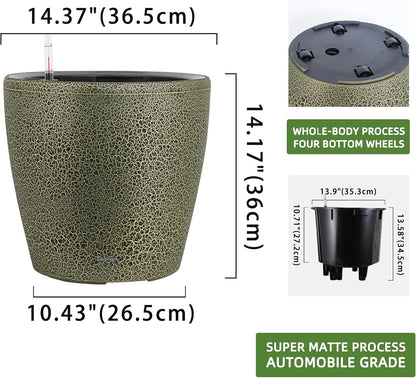 Dexceder 15x14 Self Watering Planter with Wheels Indoor Outdoor, Inner Pot Design, Thickened Large Floor Standing Flower Plant Pot with Water Level Indicator (Black Gold Crackle)