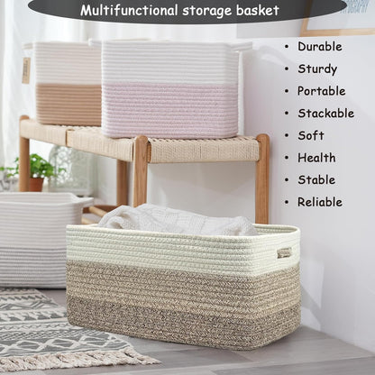 COMFY-HOMI Cotton Rope Woven Basket with Handles for Shelves,Toys,Book, Cloth Storage Baskets for Organizing-17" x 13" x 7.5" Toy Decorative Organizer for Living Room, Bathroom （white/3 brown）