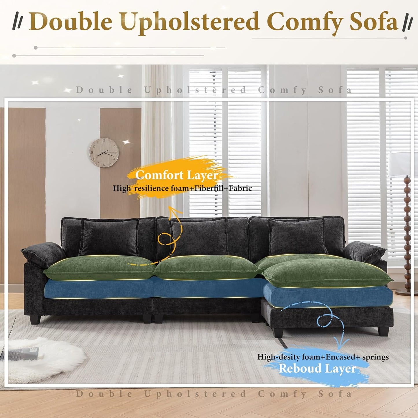 URRED Modular Sectional Sofa Comfy Cloud Couch, Modern Chenille Sofa Sleeper Deep Seat Couches with Ottoman/Pillows for Living Room (Black, 117''- L Shape)