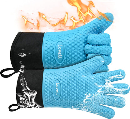 Kitchen Oven Gloves - Dual-Layer Heat Resistant Grilling Gloves, Silicone Oven Mitts with 5 Fingers, Waterproof Non-Slip Pot Holder for Barbecue, Cooking, Baking (Small, Blue Long)