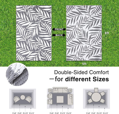 OLANLY Waterproof Outdoor Rug 5x8 ft, Reversible Outdoor Plastic Straw Rug with Leaf Pattern, RV Mat, Indoor Outdoor Carpet for Patio, Camping, Balcony, Deck, Backyard, Grey & White