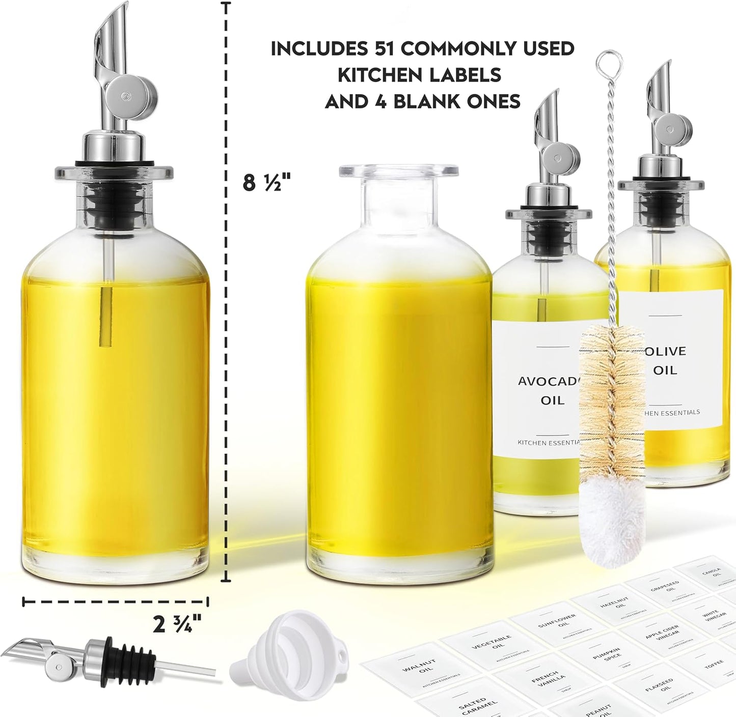 Olive Oil Dispenser Bottle - Includes 55 Kitchen Essential Labels - Cooking Oil Bottles for Kitchen, Coffee Syrup Dispenser - Pourer Spout with 11.8 fl oz Glass Container Cruet - 4pcs Silver