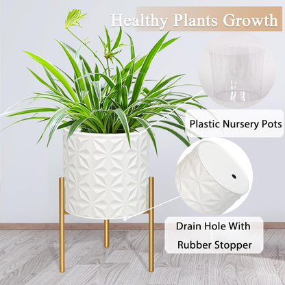 ARNIS Modern Planter Pots, Set of 2 Large Planters with Stand, Decorative Planters, Metal Pots with Drainage Holes for Living Room, Office, Garden or Balcony, 8.25 &10.5 Inch, Matte White