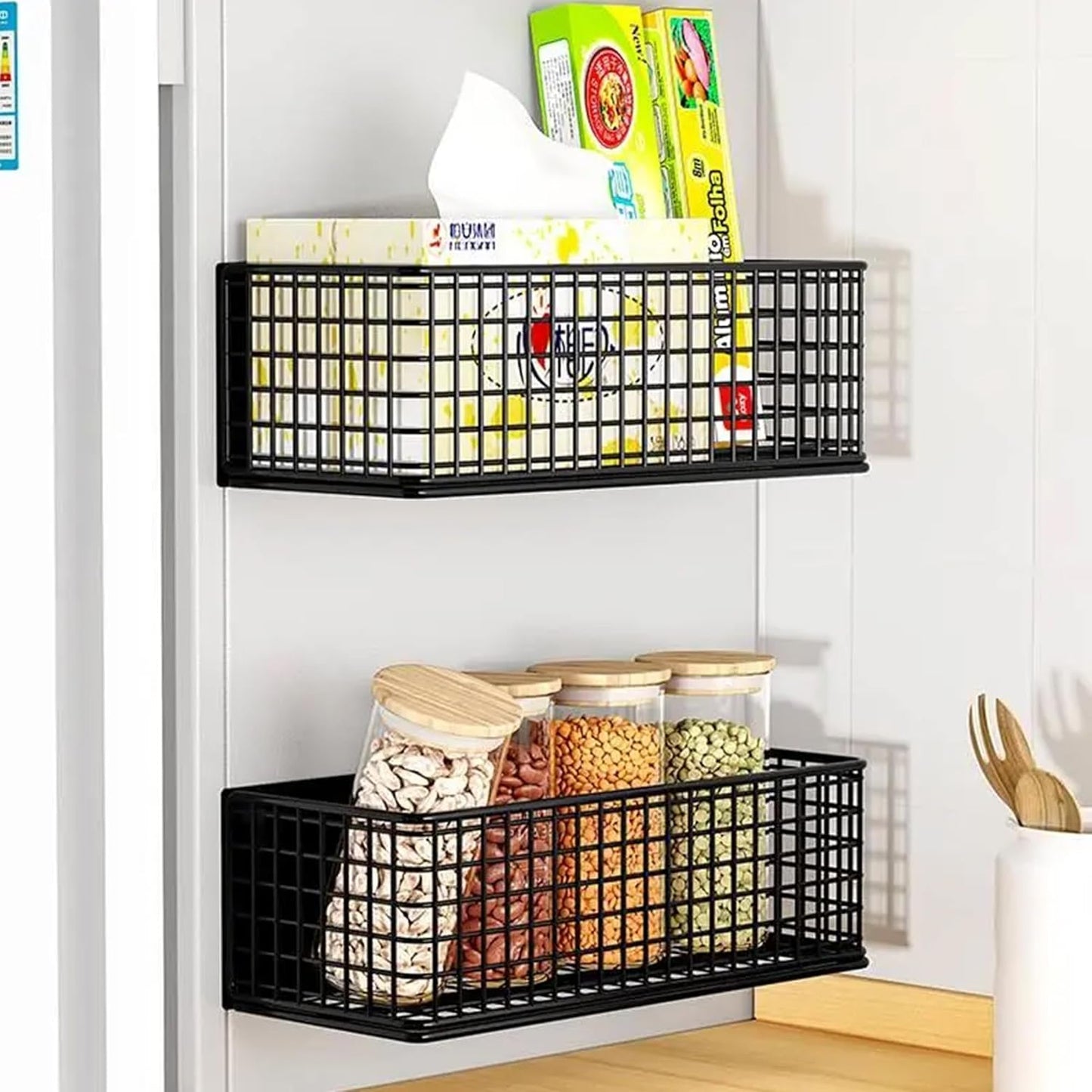 Magnetic Basket Fridge Organizer Wire Bins Pencil Holder Whiteboard Accessories Home Kitchen Organization (White-Low)