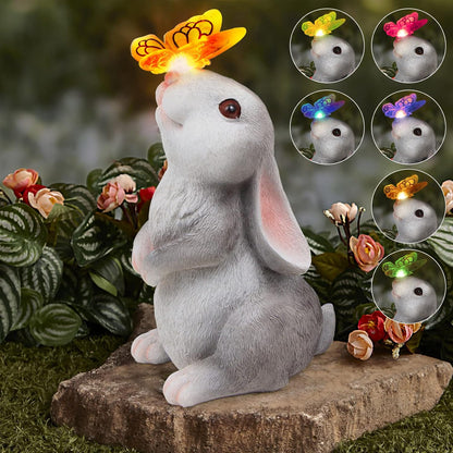 Garden Statue Outdoor Decor-Rabbit with Solar Butterfly Changing Lights Garden Statues,Bunny Statue for Patio,Balcony,Yard,Lawn Ornament,Gardening Gifts for Mom Grandma