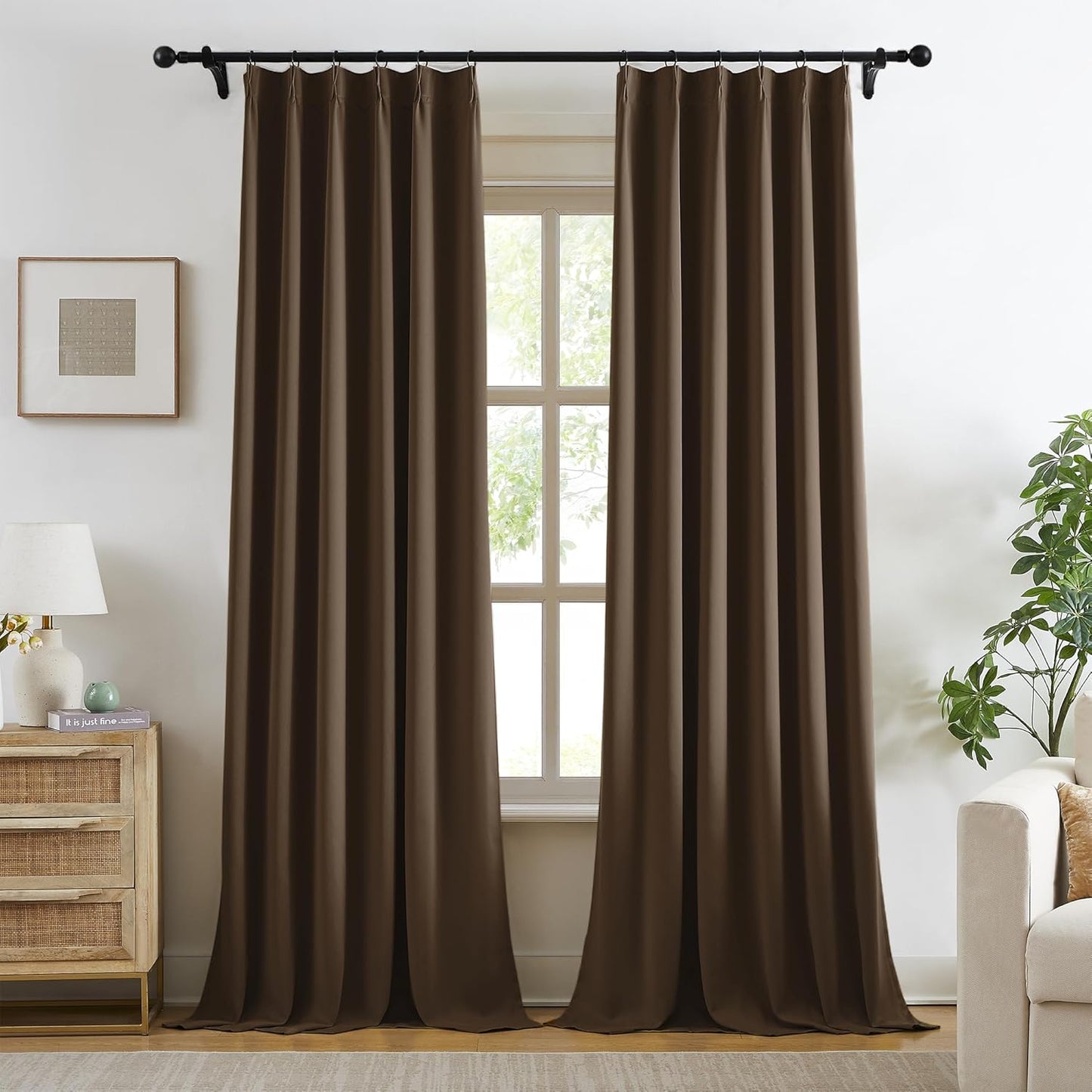 KangBang Dark Brown Pinch Pleated Drapes 102-inch Long Curtains with Hooks, Room Darkening Black Out Thermal Insulated Window Treatments for Living Room Office,40Wx102L,2 Panels