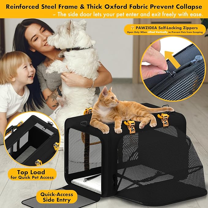 PAWZIDEA Large Pet Carrier Expandable, 24"×16"×16" Soft-Sided Cat Carrier for 2–4 Cats up 55lb, Portable & Collapsible Small Medium Dog Travel Crate for Car, XL Storage Pocket, ID Card, Shoulder Strap