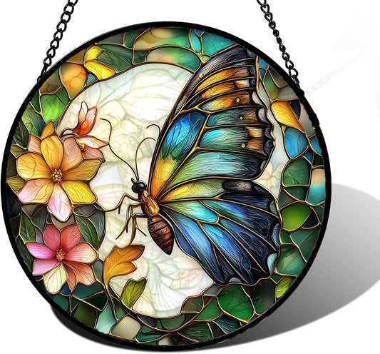 Stained Glass Window Hanging, Butterfly Flower Sun Catchers Diamond Glass Panel Hangings Insect Suncatcher Decor for Birthday for Women, Men, Wife, Aunt, and Mom 9.8 in