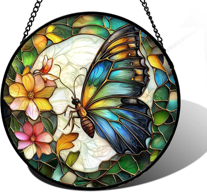 Stained Glass Window Hanging, Butterfly Flower Sun Catchers Diamond Glass Panel Hangings Insect Suncatcher Decor for Birthday for Women, Men, Wife, Aunt, and Mom 7.8 in