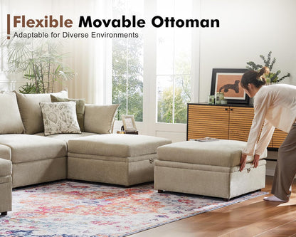 Luxury Modular Sectional Sofa, L-Shaped 3-Seat Couch with Storage Ottoman Deep Seat & Reversible Chaise Lounge Chenille Beige for Compact Spaces, Apartments, Dorm