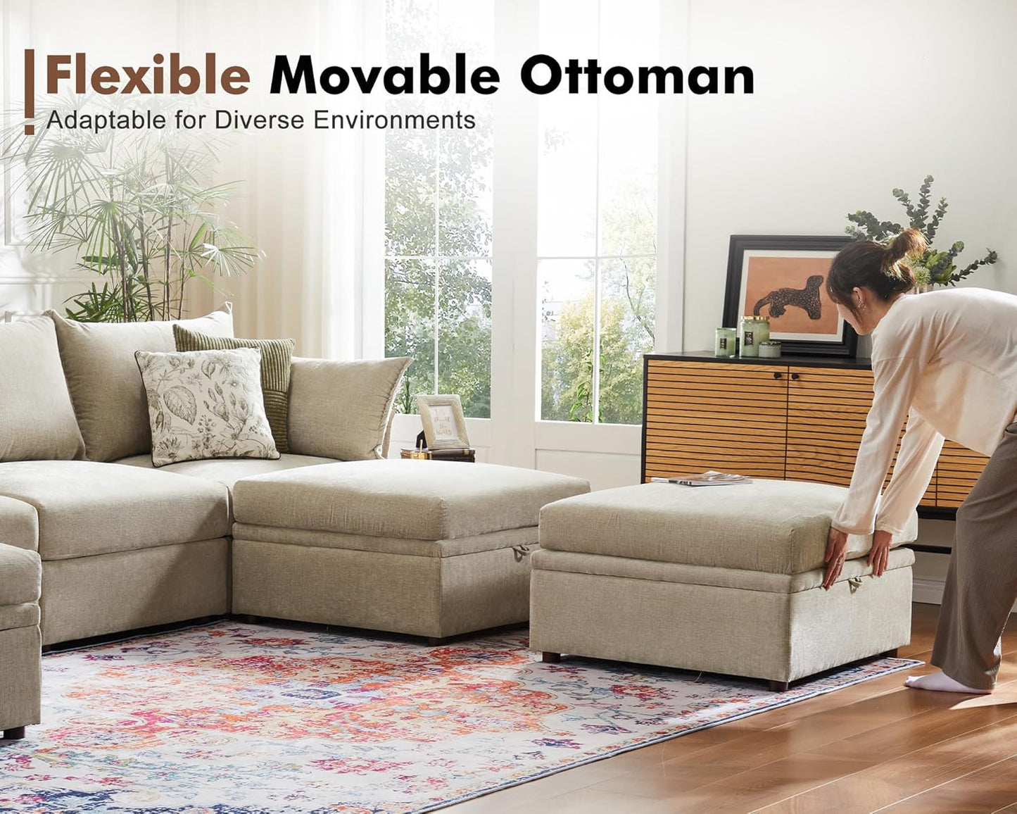 136.4" Oversized Modular Sectional Sleeper Sofa Bed, U Shaped Convertible Couch with Movable Ottoman, Large 8 Seat Corner Couches for Living Room Deep Seat Beige Chenille