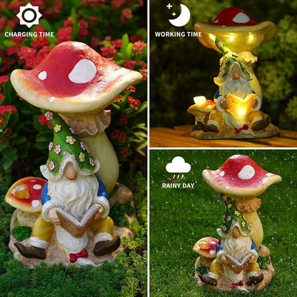 Upgraded Size Solar Garden Outdoor Statues Gnome Reading Under Mushroom with 5 LED Solar Figurine for Lawn,Patio,Balcony,Yard Decor Unique Housewarming Gift for Grandfather, Father,Grandma,Wen