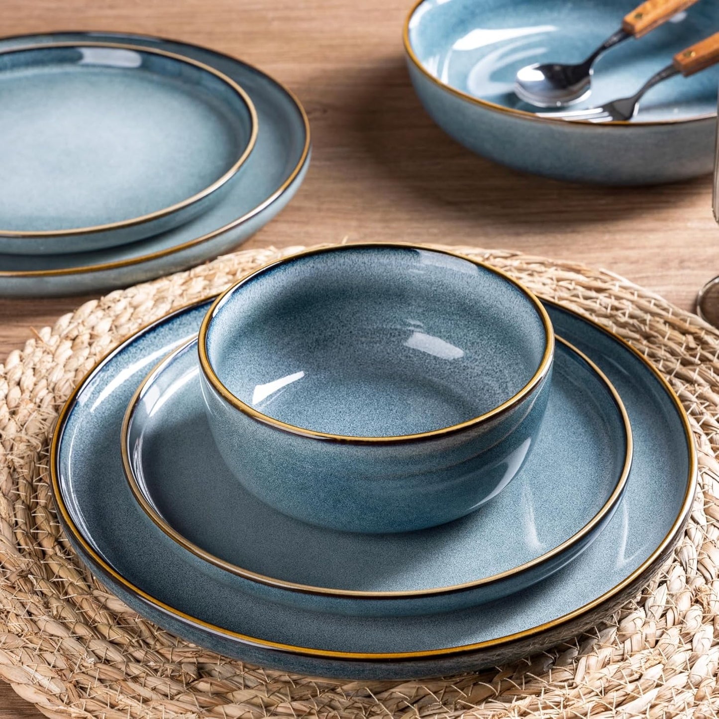 GBHOME Ceramic Dinnerware Sets for 12, 36 Pieces Stoneware Plates and Bowls Sets, Reactive Glaze Dishes -Scratch Resistant, Dishwasher&Microwave Safe, Space Blue