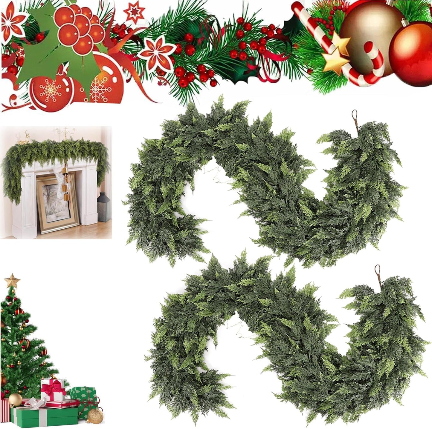 6 Ft Artificial Cedar Garlands – Real Touch Winter Greenery, Realistic Artificial Cedar Tree Christmas Pine Garland Decorations for Table Mantle Wall Indoor Fireplace Holiday Party (4ft, 2)