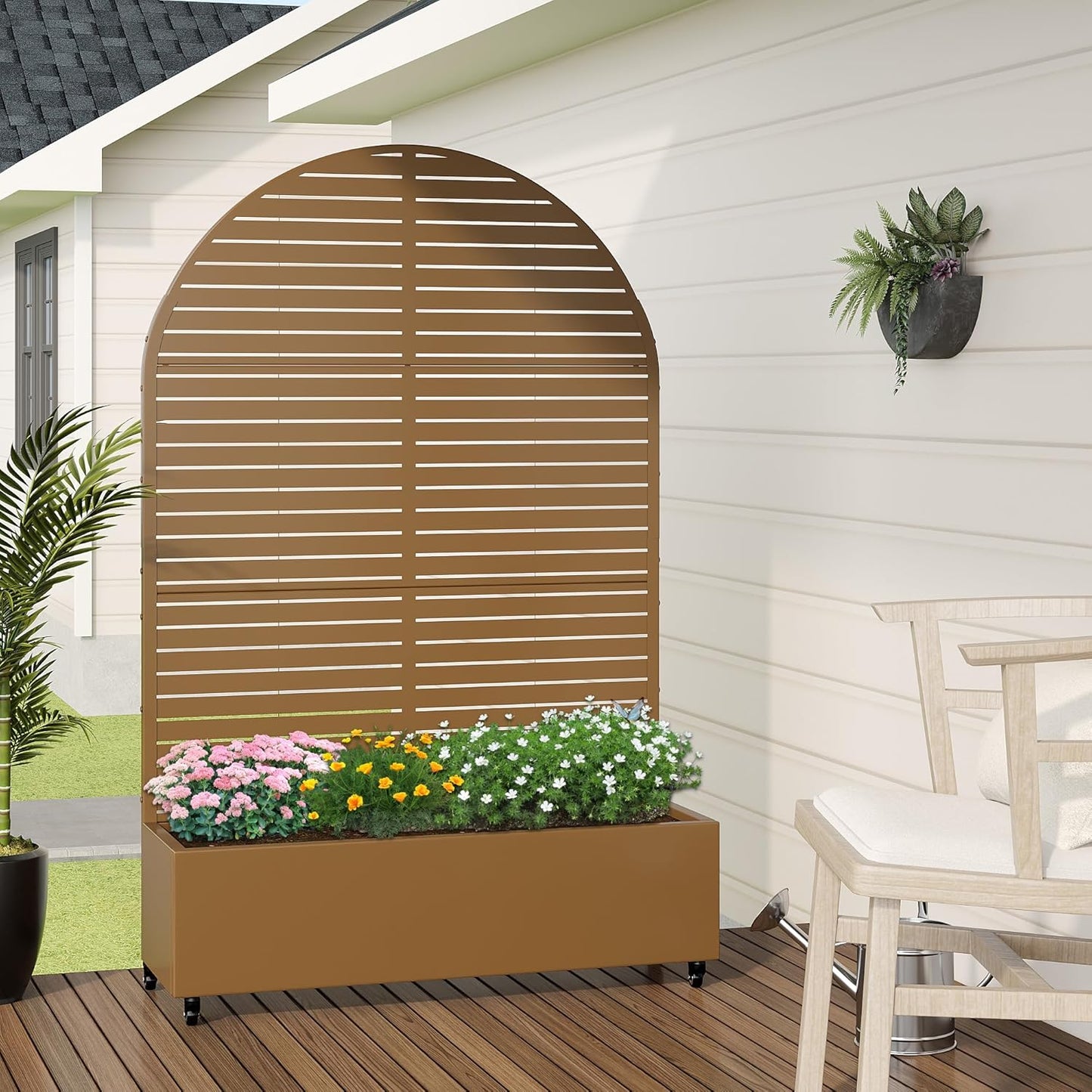 Casaphoria Metal Raised Garden Bed with Trellis and Wheels, 72"x47"x16" Arched Planter Box for Climbing Plants, Vegetables & Vines, Features Drainage Holes and Privacy Screen (Brown-Louvered)