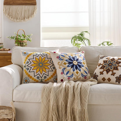 Embroidered Throw Pillow Cover 18x18 Classic Boho Floral Pattern Pillows Cover Outdoor Decorative Pillowcase,Durable Cozy Textured Cushion Case for Sofa Couch Bed Living Room,Yellow