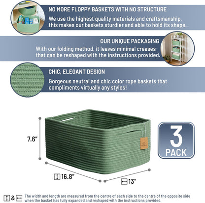 NaturalCozy Storage Baskets 16.8”x13”x7.6” Cotton Rope Woven Baskets for Organizing 3-Pack | Toy Storage Bins | Basket for Shelves, Laundry, Blanket, Clothes, Closet, Kitchen, Bathroom, Gifts