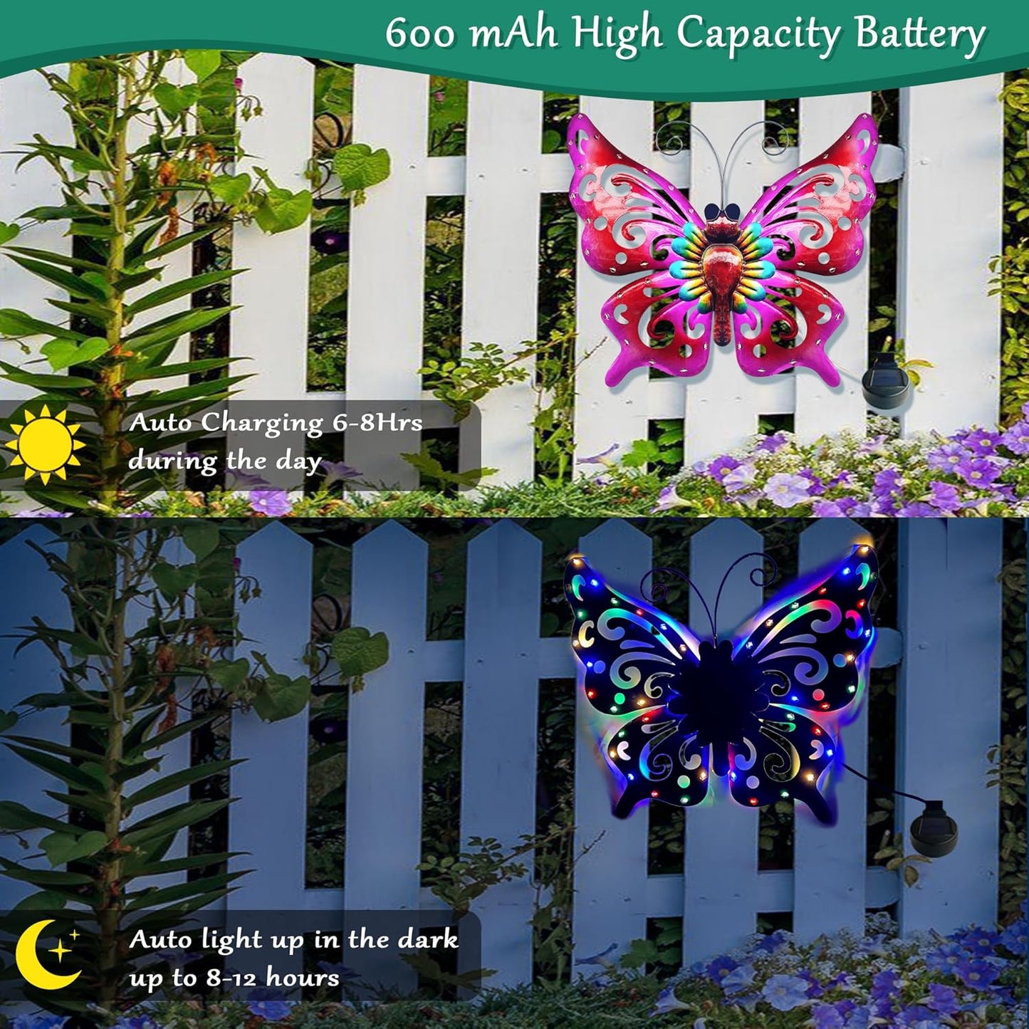 Solar Garden Light, Metal Butterfly Wall Art, 19" Large Hanging Decor for Garden Patio Fences Porch Yard Art Outdoor Wall Decor, Weatherproof Decorative Lighting, Housewarming Wedding Birthday Gift