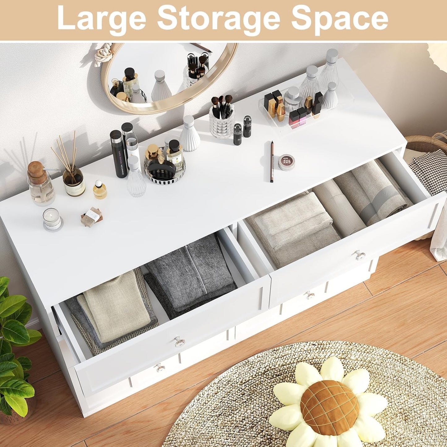 Wood Dresser for Bedroom 8 Drawer: 47" White Chest of Drawers Wood, Modern Fluted Cabinet with Sturdy Storage, Wide Aesthetic Furniture for Room Organization