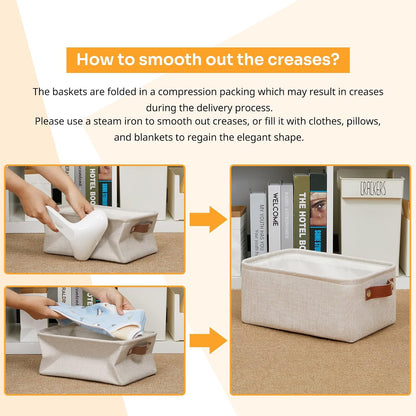DULLEMELO Small Storage Basket for Shelves, Small Fabric Collapsible Rectangular Storage Bin for Shelves, Closets, Nursery, Home, Office, Empty Gift Basket (Beige)