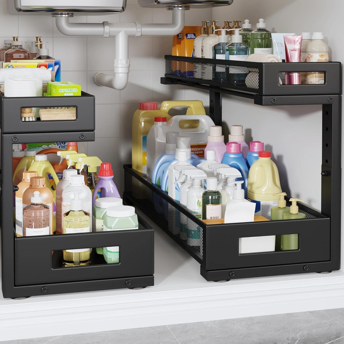 2 Pack 20.47IN Depth Under Sink Storage Organizer, Large 2-Tier Elegant Mesh Pull Out Shelf for Kitchen and Bathroom Cabinet Organization, L-Shaped and Adjustable Height Design-Black