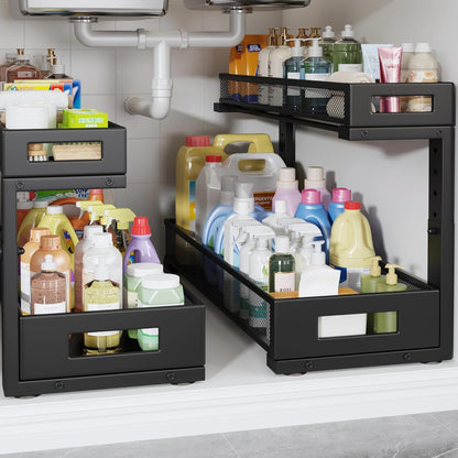 2 Pack 20.47IN Depth Under Sink Storage Organizer, Large 2-Tier Elegant Mesh Pull Out Shelf for Kitchen and Bathroom Cabinet Organization, L-Shaped and Adjustable Height Design-Black