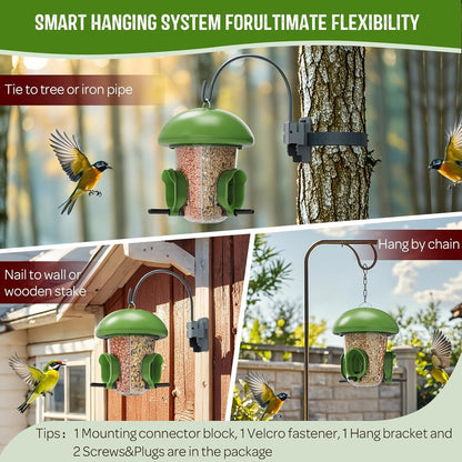 LONA Bird Feeders for Outdoors Hanging – 3 Separate Compartments, 3 Feeding Ports, Weatherproof Dome & 3 Ways to Hang, Large Capacity for Cardinals/Finches (Green
