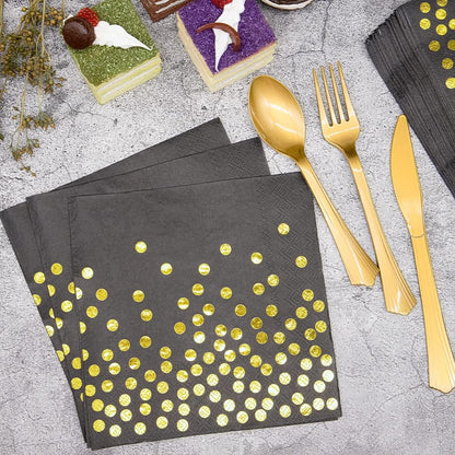 Black and Gold Party Supplies, 350PCS Disposable Dinnerware Set Inclueds Black Gold Dot Paper Plates Napkins Cups Gold Plastic Fork Knives Spoon for Women Men Birthday Wedding Baby Shower Decorations