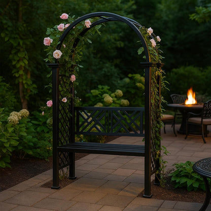 Black Aluminum Garden Arbor Arch with 2-Seater Bench