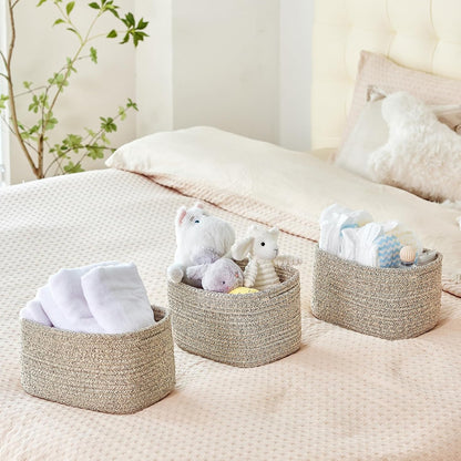 Small Cotton Rope Storage Basket Set of 3-11"x7"x7" Perfect Woven Baskets for Storage, Ideal Storage Baskets for Organizing Toys, Towels, and More - Baskets for Shelves and Home Decor（Beige）