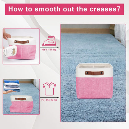 Storage Bins Large Fabric Storage Baskets for Shelves 3 Pack, Decorative Linen Closet Baskets with Handles for Organizing, Shelf, Clothes, Home, Office, 15x11x9.5Inches (Pink&White)