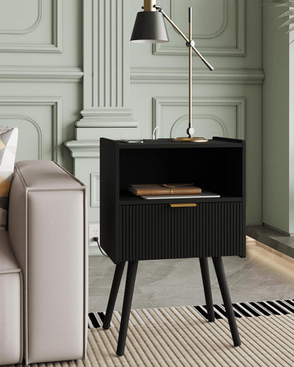 Nightstand,Modern Bedside Table with Storage Drawer and Open Wood Shelf, Accent Night Stand with Solid Wood Legs for Living Room, Bedroom and Small Spaces,Easy Assembly (Black-Outlet)