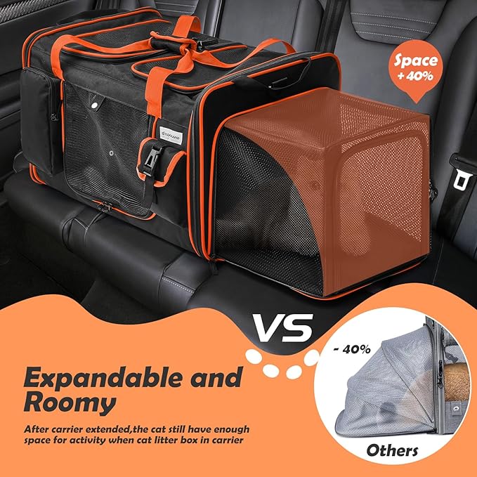 Expandable Extra Large Cat Carrier for 2 Cats with Litter Box for Kitten, Large Cat Small Dog Pet - Collapsible Double Cat Large Pet Carrier for Car Travel Outdoor Camping
