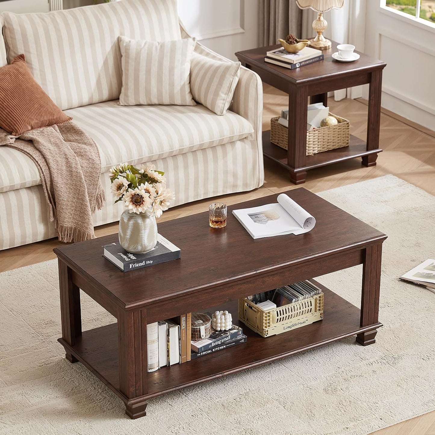 Farmhouse Coffee Tables for Living Room,Square Living Room Tables with Open Storage Shelf,Large Modern Coffee Table,Rustic Brown Center Table,Walnut