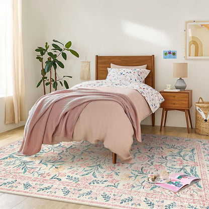 Wonnitar 8 x 10 Area Rugs for Living Room, Boho Large Washable Bedroom Rug 8x10, Soft Pink Floral Carpet Non Slip, Low Pile Indoor Carpet for Girls Room Playroom Nursery