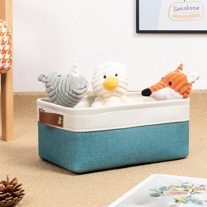 DULLEMELO Small Collapsible Fabric Basket for Organizing, Shelves, Closets, Laundry, Nursery, Decorative Gift Basket (White & Teal)