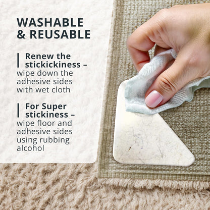 X-Protector Rug Tape for Carpet - 8 Pcs Set - White Anti-Slip & Anti-Curling Carpet Tape for Rugs - Premium Rug Pad Gripper - Ideal Carpet Corner Grippers to Keep Your Rugs & Make Corners Flat