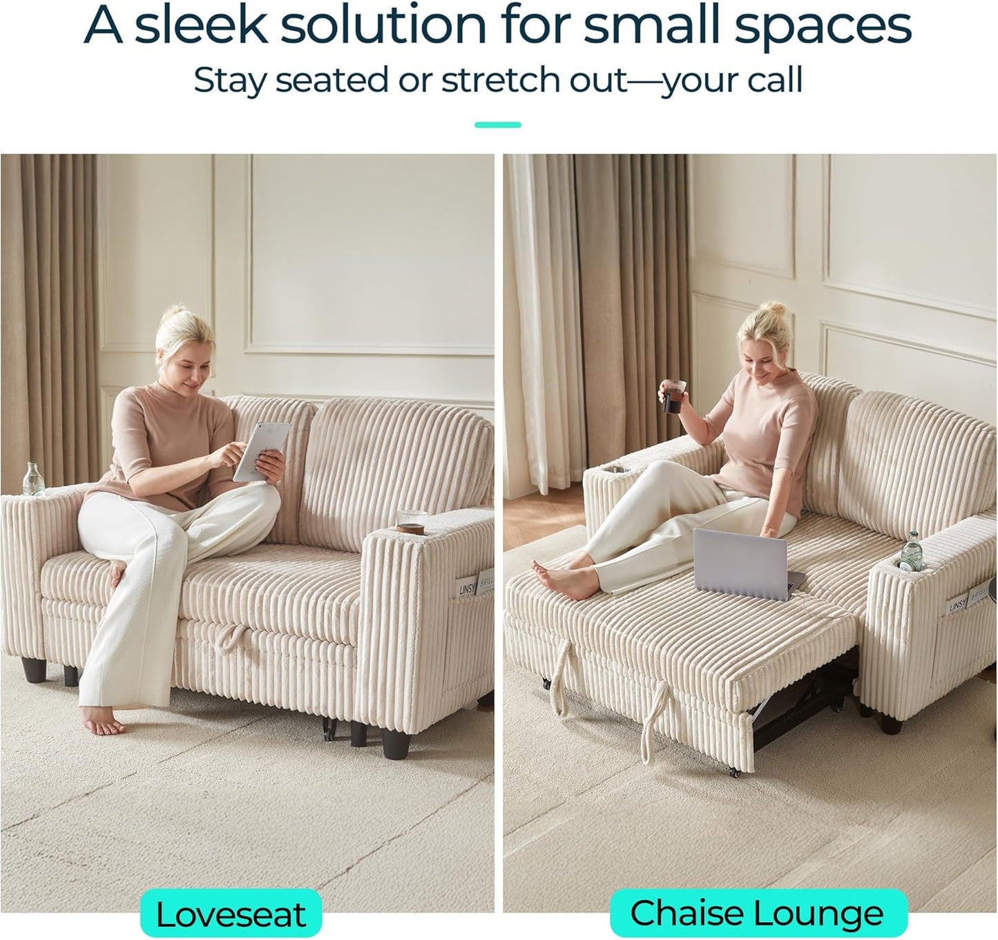 LINSY HOME Loveseat Sofa with Pull Out Couch Chaise: 2-in-1 Convertible 2 Seater Sofa with USB Charging & Cup Holders, Comfy Plush Corduroy Love Seat for Small Spaces Living Room Apartment, Beige