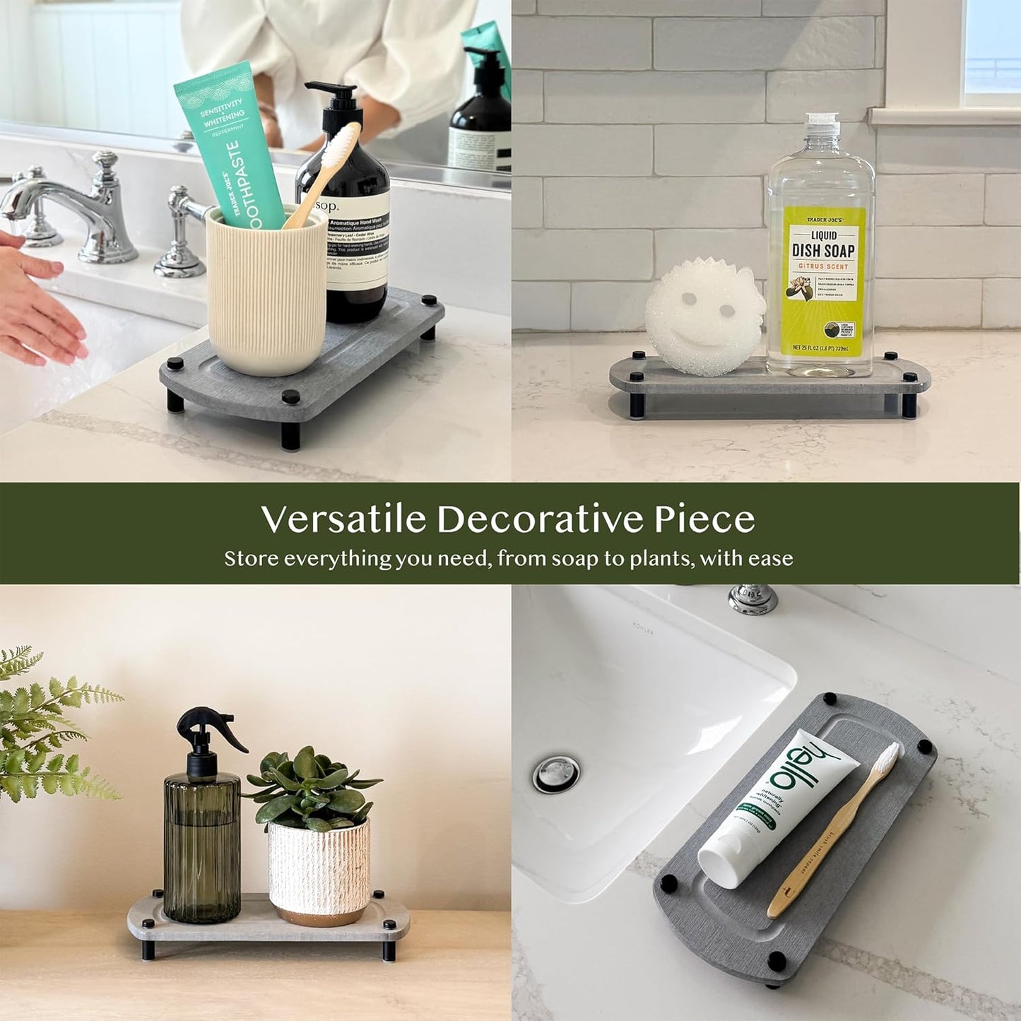 2PCS Water Absorbing Stone Soap Tray for Kitchen Bathroom Sink, Quick Dry Diatomaceous Earth Drying Rack and Shower Caddy, Soap Dispenser and Sponge Holder Organizer for Countertop