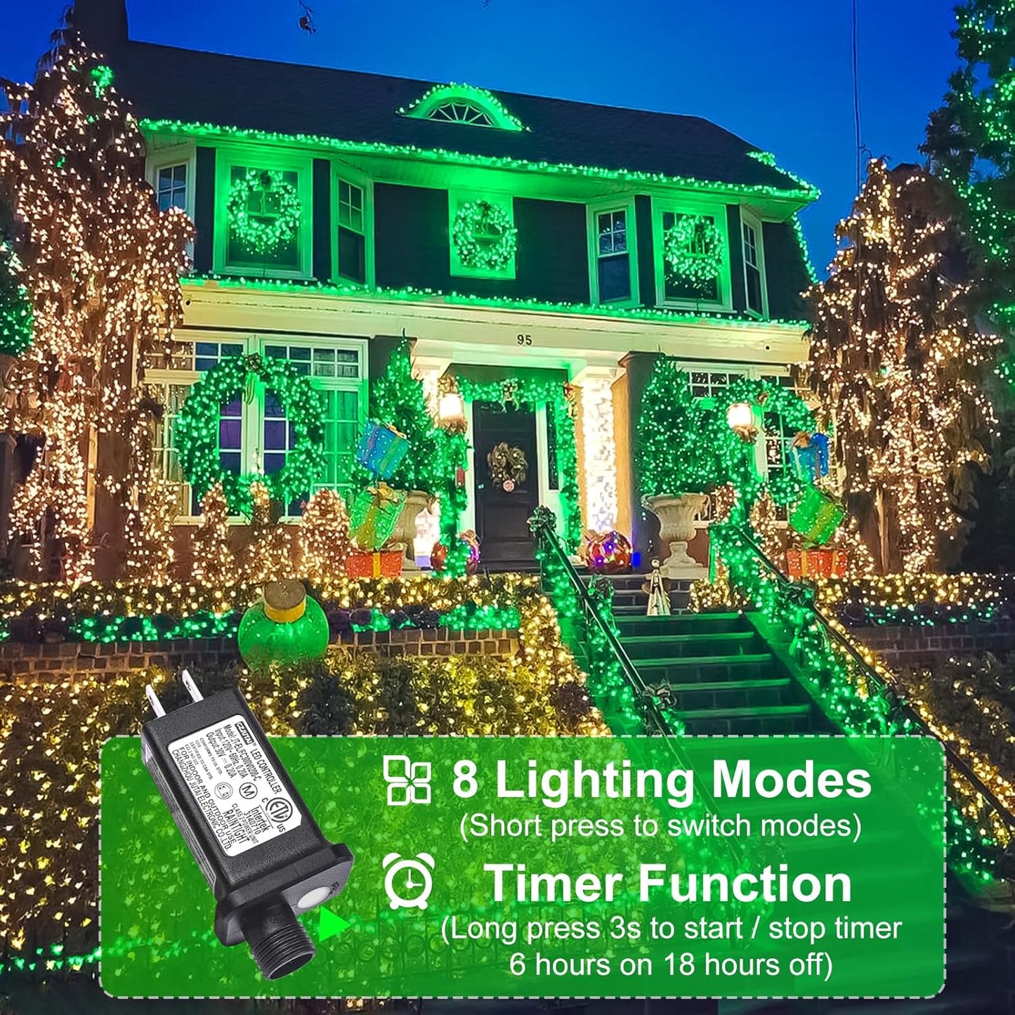 2 Pack Christmas Lights Outdoor, Total 200FT 600LED String Lights for Outside with 8 Modes Waterproof, Green Wire Twinkle Tree Lights Green Wire for Indoor Yard Garden Party Decorations, Green