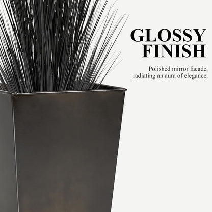 Worth Garden Large Metal Glazed Floor Planter Set of 2-14" Dia x 18" H - Luxurious Glossy Finish Black Tall Square Tapered Steel Plant Pots, Decor Flower Pot Indoor & Outdoor, Drainage Hole
