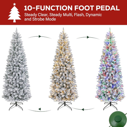 Hykolity 6 ft Prelit Snow Flocked Pencil Slim Christmas Tree, 544 PVC Branch Tips, 200 Color Changing LED Lights, Metal Stand and Hinged Branches, 10 Color Modes